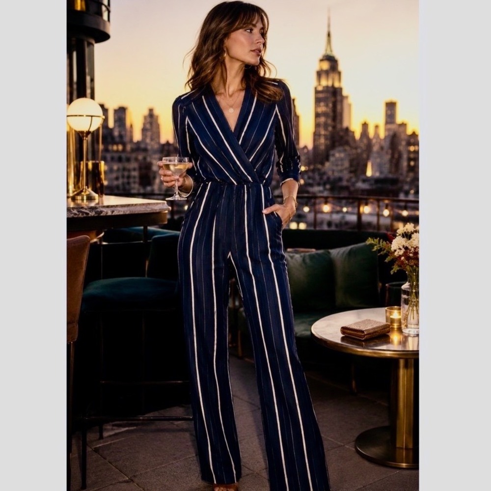 Maje Jumpsuit Navy Blue White Pinstripe Surplice Long Sleeve Size 36/US S
